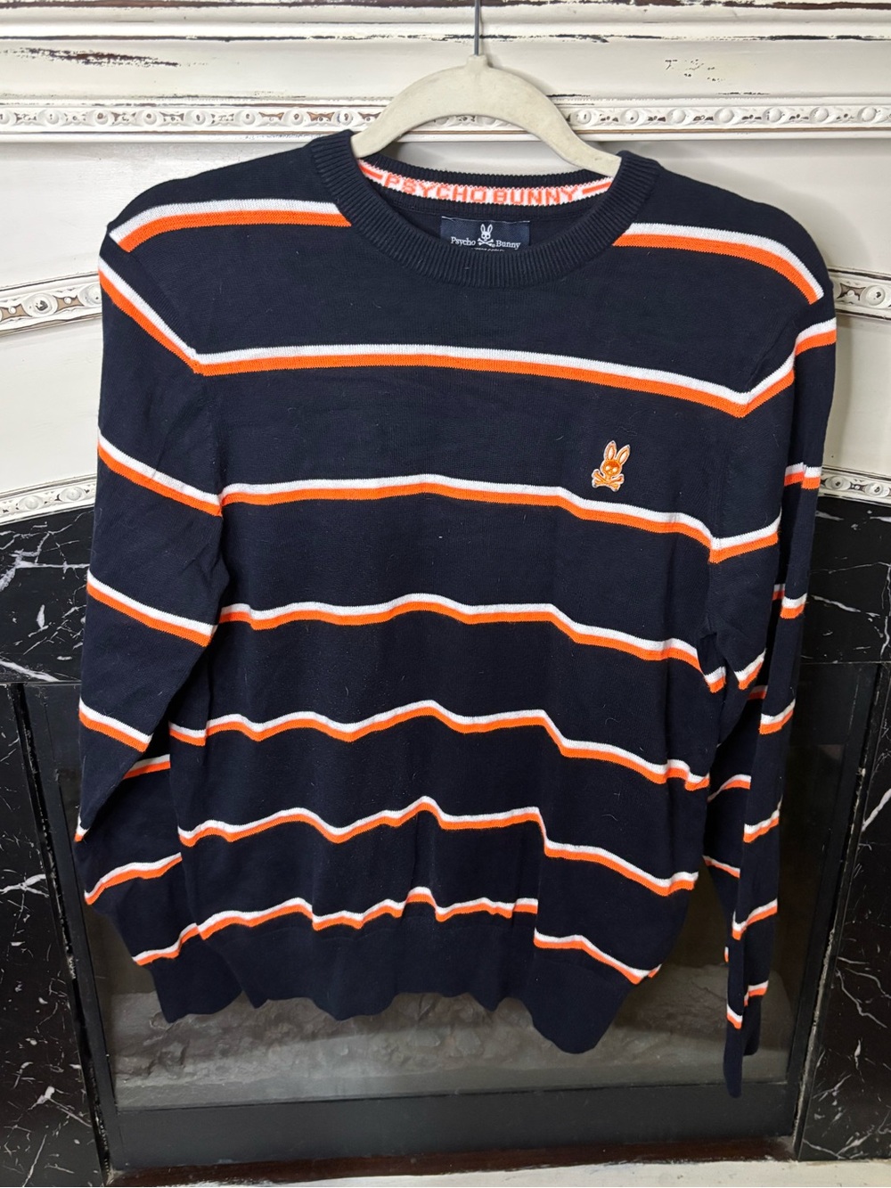 Psycho Bunny Navy Stripe Crewneck with Orange & White Accents